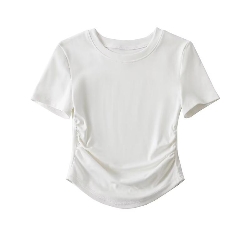 2024 Harajuku Женская хлопковая футболка с круглым вырезом, короткими рукавами и рюшами по бокам, футболки