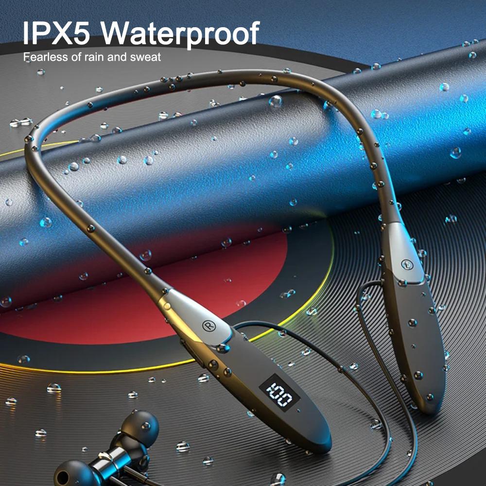 60 часов воспроизведения беспроводные наушники Bluetooth 5.3 с шейным ободом, бас, стерео, спортивные водонепроницаемые наушники с микрофоном