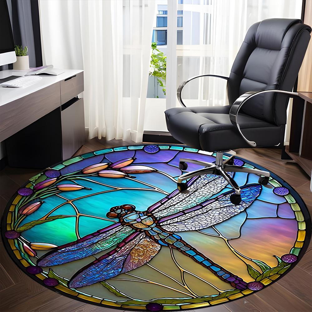 1PC Dragonfly StainedGlass Office Round Area Rug,  Mat Suitable ForOffice, Under Office Chairs Bedroom Living Room Home Decor, Room Deco