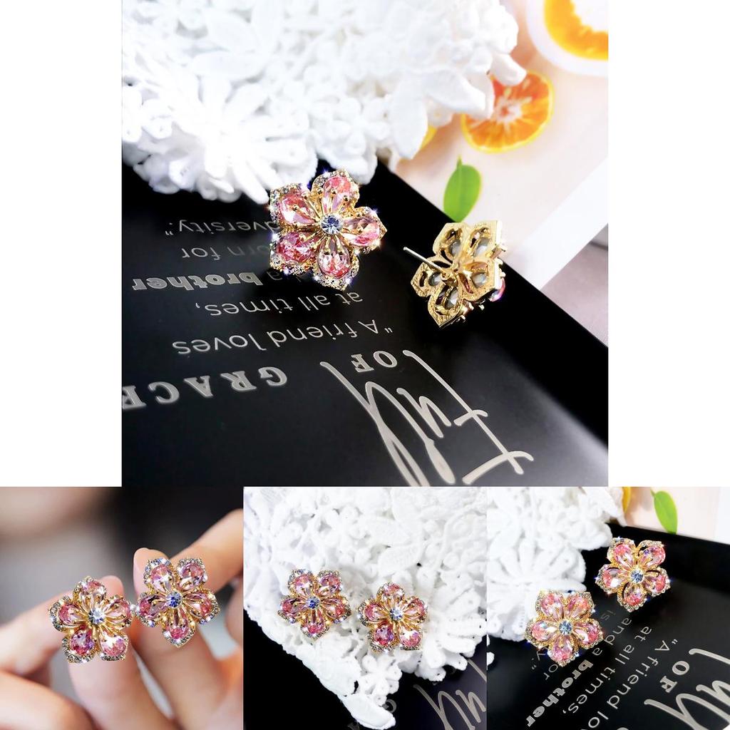 Pink Flower Zircon Ear Pins With Silver Needle For Casual And Formal Occasions