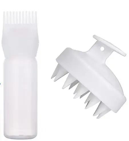 BEPAN 2pcs Hair Oil Dispenser Bottle Root Comb Applicator Hair Dye Refillable Dispenser with massager Brush Hairdressing Coloring Tool