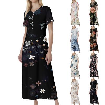 Женское повседневное летнее платье с принтом, круглым вырезом и пуговицами, с карманами