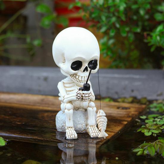 Shaking Head Fishing Skull Resin Mini Skeleton Fisher Sculpture Halloween