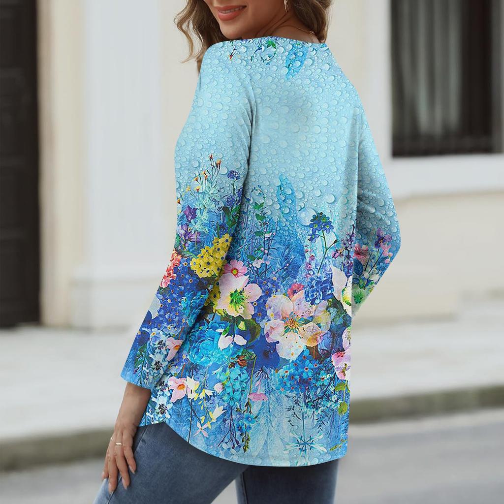 Women's Long Sleeved Retro Floral Print V-neck Top T-shirt