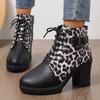 Plus Size 2024 Shoes Female Ankle Women's Boots Retro Modern Boots Women Leopard Buckle Lace Up Chunky Heel Side Zip Shoes Women