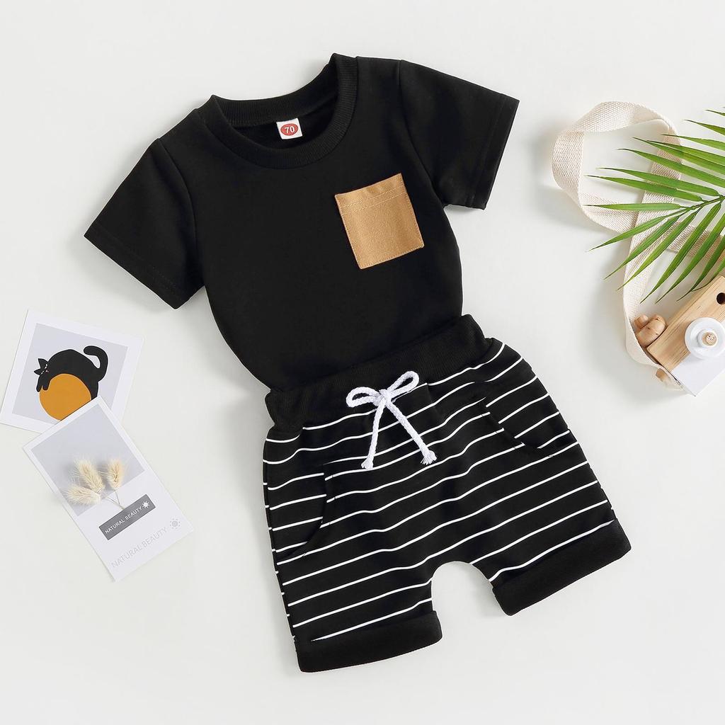 Toddler Baby Boy Summer Clothes Color Block Short Sleeve T-Shirt Tops Solid Shorts Set 2Pcs Infant Causal Outfits