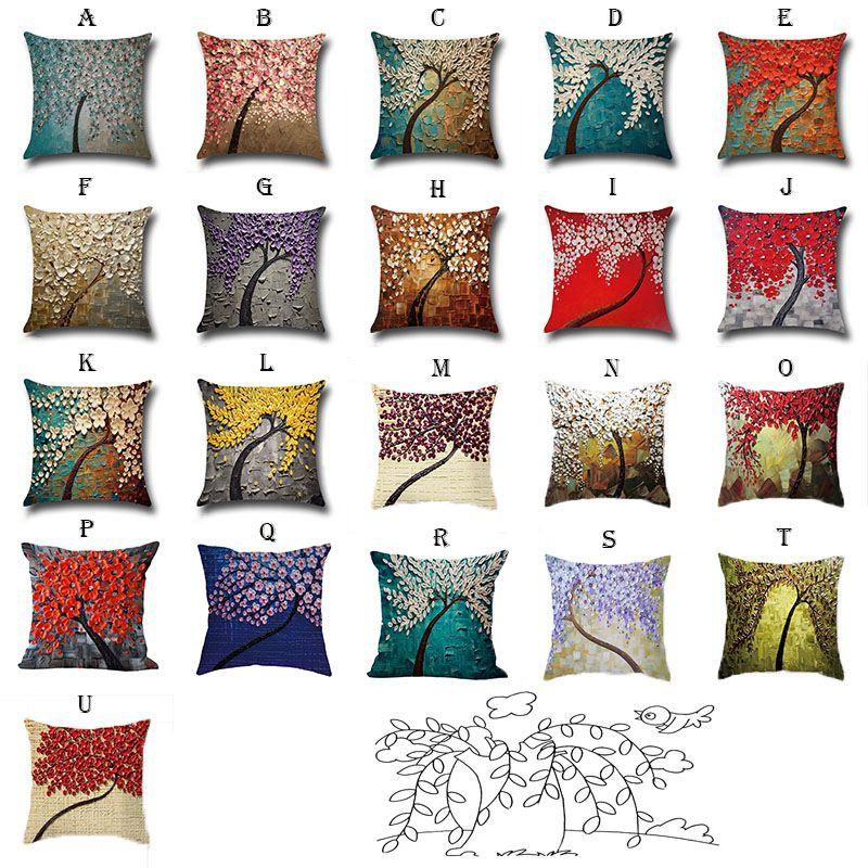 Elegant 3d Painted Tree Flowers Cotton Linen Cushion Cover For Home Decor