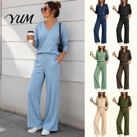 Fabric Fitness Clothing Women Sweatshirt Pants 2-Piece Set, V-Neck Long Sleeve Top & Wide Yoga Outfits with Elastic Waistband Leg Trousers Waist,