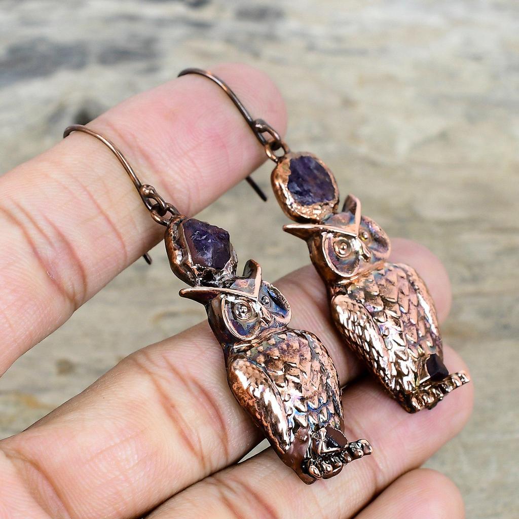African Amethyst Rough Earring Electroformed Copper Earrings Amazing Owl Earring Handmade Gemstone Jewelry Gifts for Her Brand New Earring