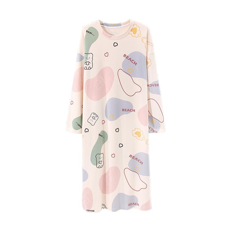 Хлопковое платье с принтом, женская пижама, корейская осенняя ночная рубашка миди с круглым вырезом и длинными рукавами, домашняя одежда, повседневная шикарная одежда