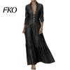 Casual Loose Dress Women Button Down Maxi Denim Dress, Long Sleeve Lapel V Simple Chic Neck Flowy A-line Jean with Pockets Lightweight
