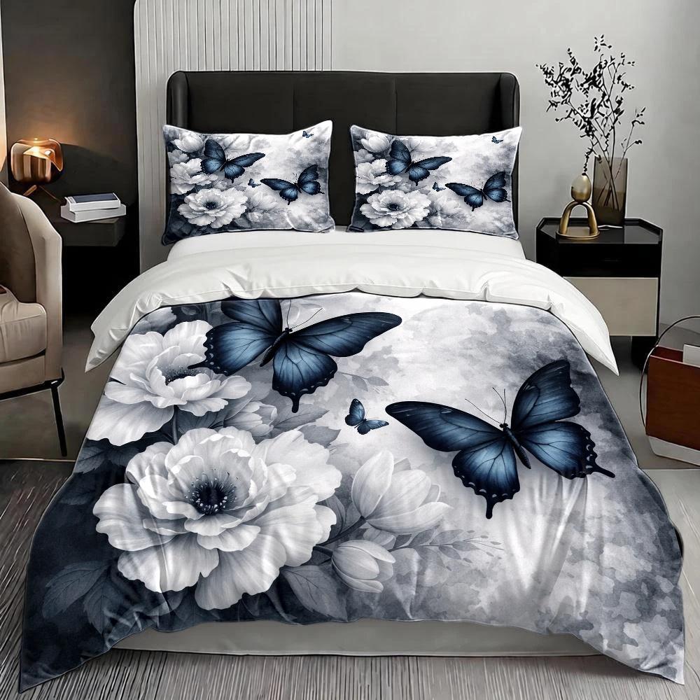 3Pc Butterfly Floral Ink Painting Duvet Cover Set Machine Washable Invisible Zipper Bedding Set for Double Bed Home Dormitory