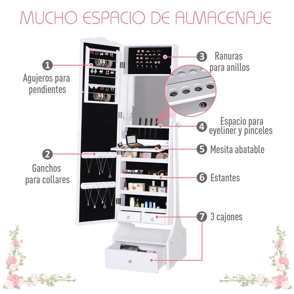 Jewelry Mirror Cabinet, Standing, LED Lights, Lock, Drawers, Foldable Table, 45 x 36 x 150 cm