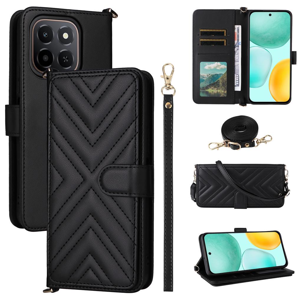 For Honor X6c 4G Case with Shoulder/Wrist Strap Leather Phone Cover Stand Wallet