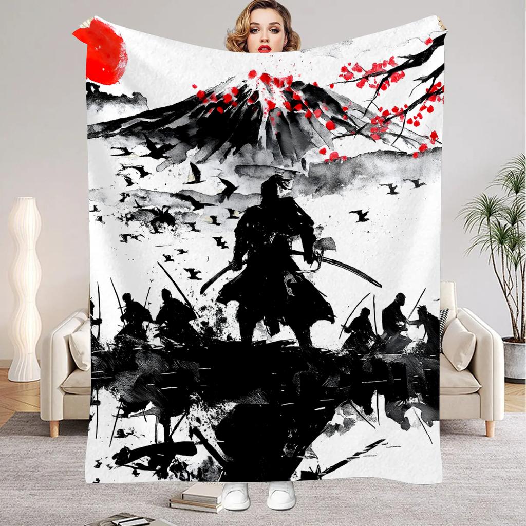 1Pc Digital Printed Japanese Samurai Flannel Blanket Mattress Cover Blanket for Family BedsSofasOfficesOutdoor Camping