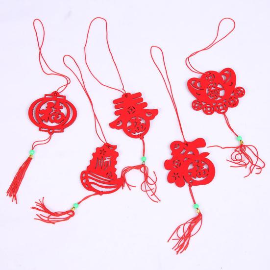 6Pcs Chinese New Year Pendant Red Felt Hanging Decor Paper-Cutting Spring Blessing Characters Tassels Pendant