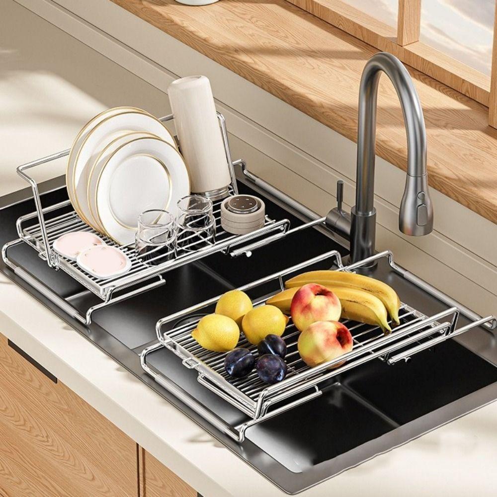 Stainless Steel Sink Drain Basket Non-Slip Dish Drying Rack Utensil Drainer for Kitchen