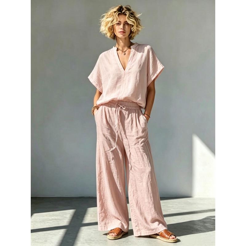 1116 European and American summer new cotton and linen casual V-neck short-sleeved shirt + wide-leg pants suit for women