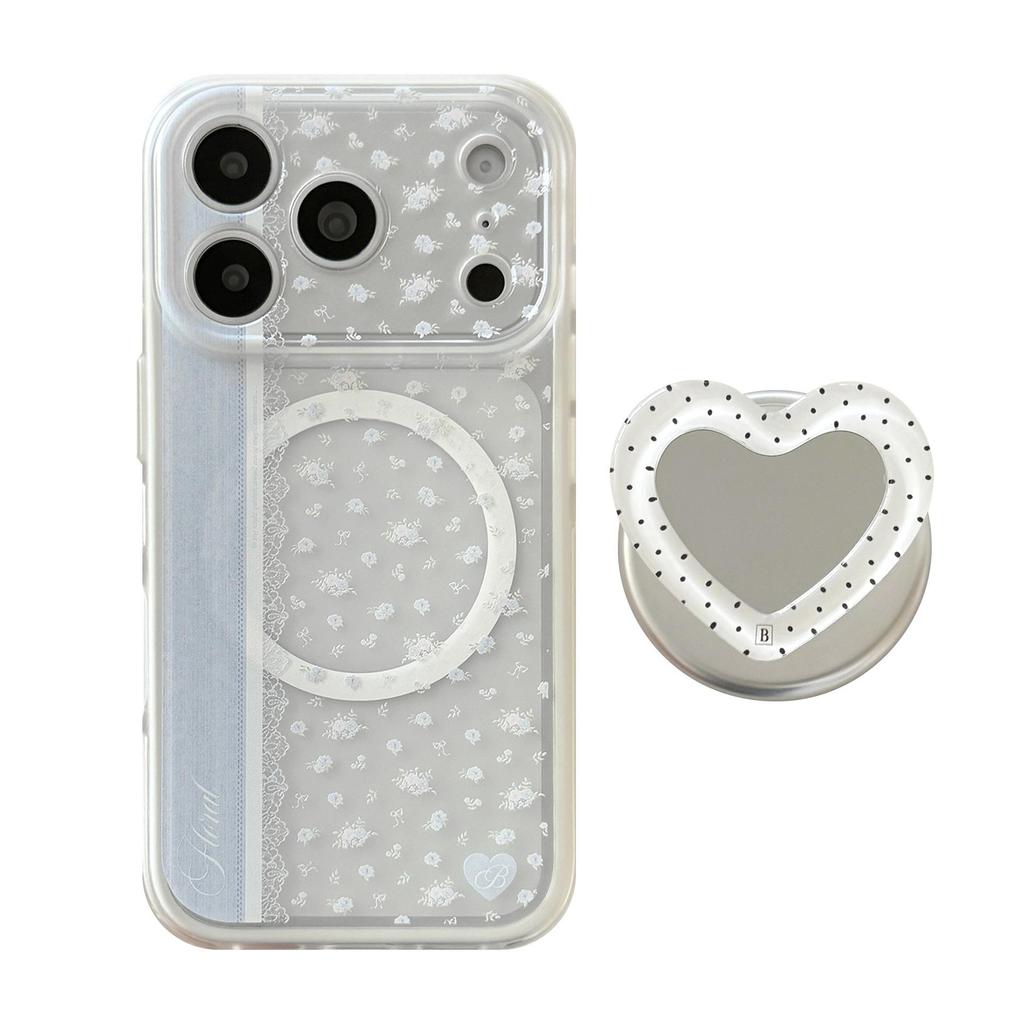 Blue and White Lace Floral Heart-Shaped Stand Phone Case for iPhone 16, iPhone 17 Pro Max, and iPhone 18 Pro