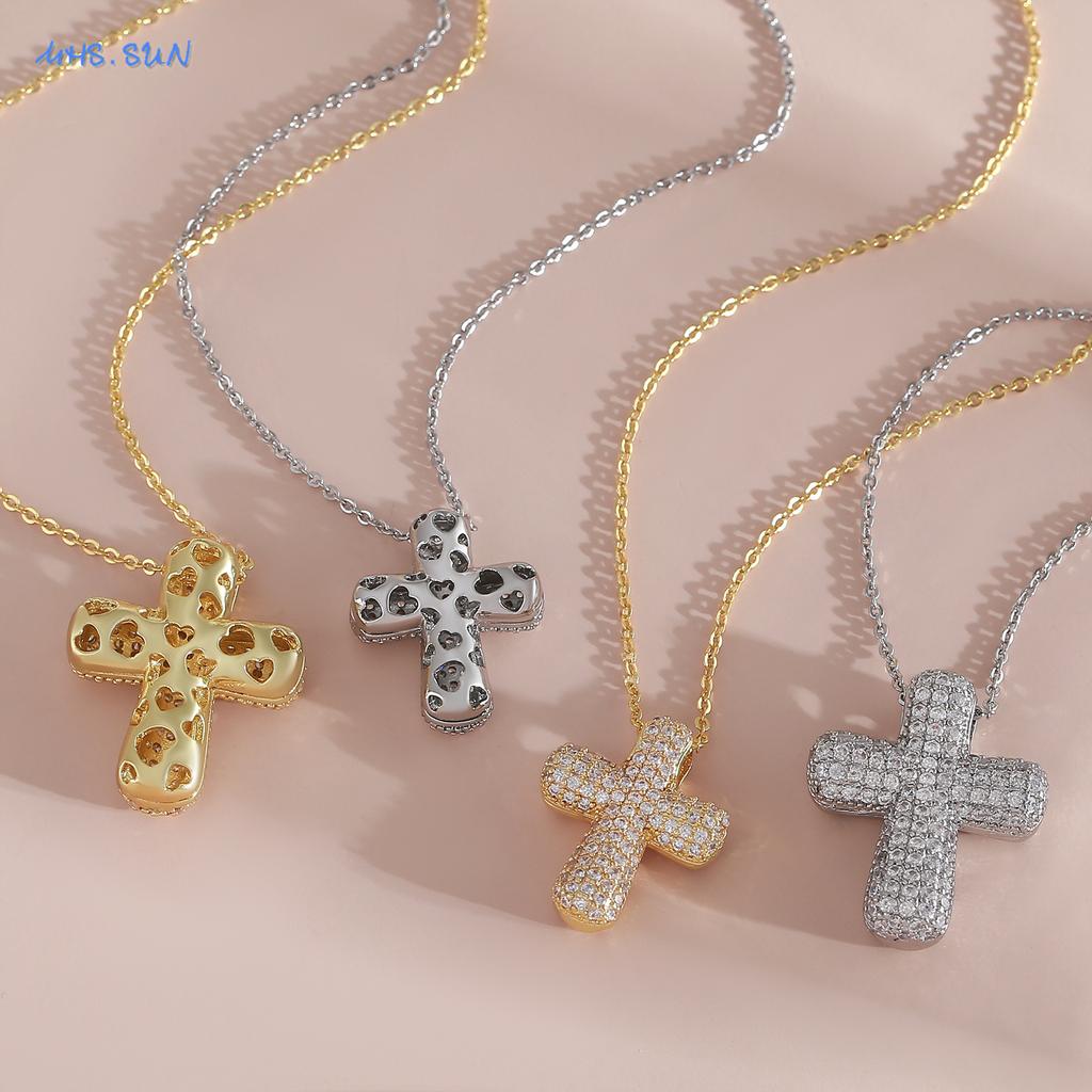 MHS.SUN Luxury Zircon Bubble Cross Pendant Necklace for Women Men Fashion Gold/Silver Color Religious Crosses Jewelry Gift