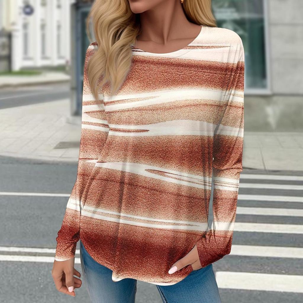 Women Geometric Print Winter Cotton T Shirt Contrast Vintage Long Sleeve Printed Loose Shirts Top Spring Autumn Elegant Lady Tee