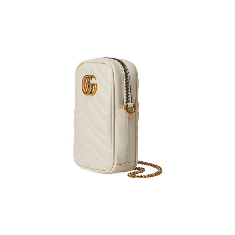 Gucci GG Marmont distressed vintage gold hardware V-shaped quilted leather coin purse mini women's white