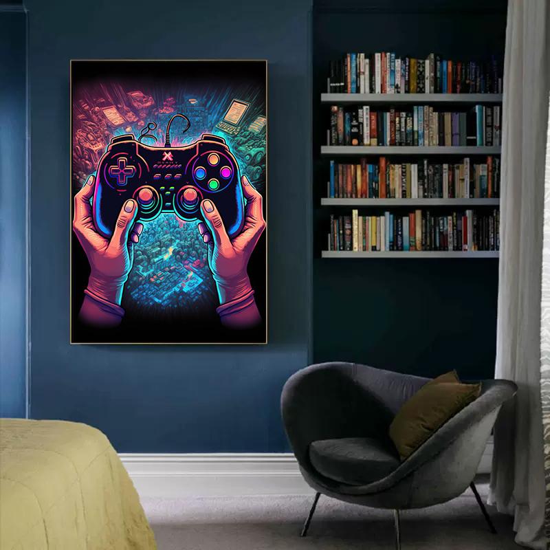 Неоновый красочный геймерский контроллер, крутой игровой настенный художественный холст, живопись, поп-арт, постеры и принты, декор для комнаты, подарок, Cuadros, без светодиода