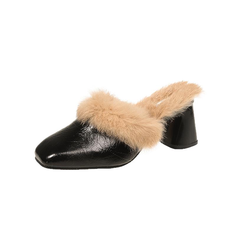 Winter Outside High Heel Modern Slippers Square Heel Pull On 2024 High Quality Shoes Female Solid Shallow Novelty Slippers