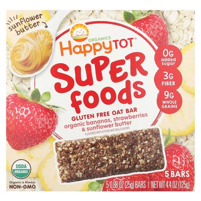 Happy Family Organics Organics Happy Tot, Суперфуд, Безглютеновые овсяные батончики, Органический банан, клубника, подсолнечное масло, 5 батончиков, 0,88 унции (25 г) Каждый