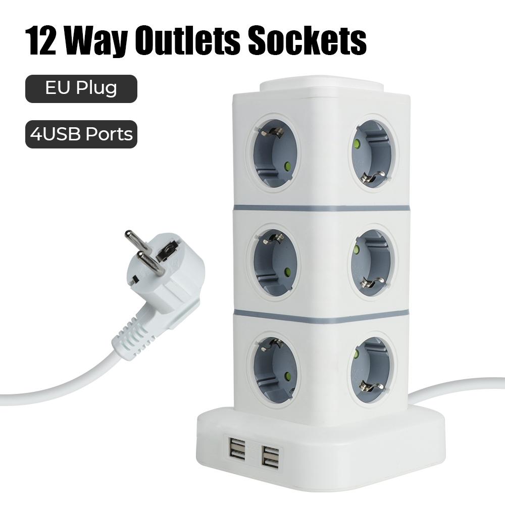 Multi Power Strip Vertical with 4 USB Overload Protector Switch Tower 12 Way Outlets Socket 2.8m Extension Cord 5V 3.1A EU Plug 220V 10A