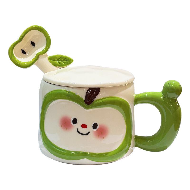 Cute Apple Ceramic Mug with Lid Spoon Men and Women High Looking Couples Office and Household Drinking Water Birthday Gift