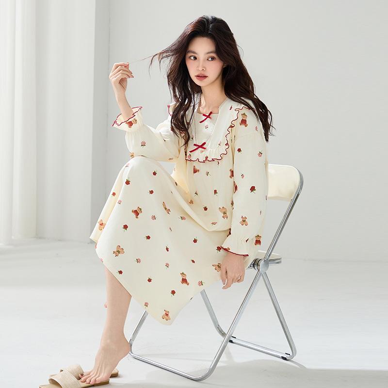 Женская ночная сорочка для беременных из 100% чистого хлопка с антибактериальным эффектом, в корейском стиле, с длинным рукавом - свободного кроя для осени/зимы/весны