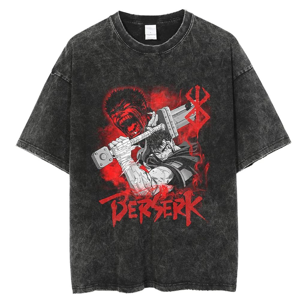 Berserk Print T Shirt Men Women Vintage Washed T-Shirt Anime Guts Graphic Tshirt Streetwear Tees Summer Casual Berserk Clothes