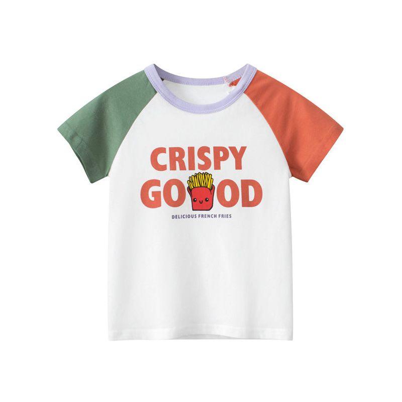 2026 Summer New Children's Letter Print Pure Cotton Short-Sleeve T-Shirt, Girls' Korean Style Cartoon Patchwork Sleeve Top Trendy