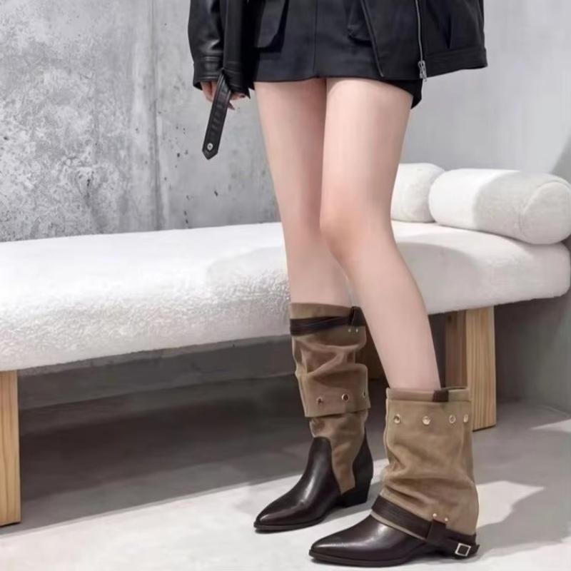 Pointed Leg Boot 2027 Fall New Retro Belt Buckle Studded Pile-Up European and American Short Boots Black Boots