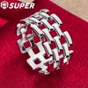 925 Sterling Silver Square Checkered Network Ring Jewelry