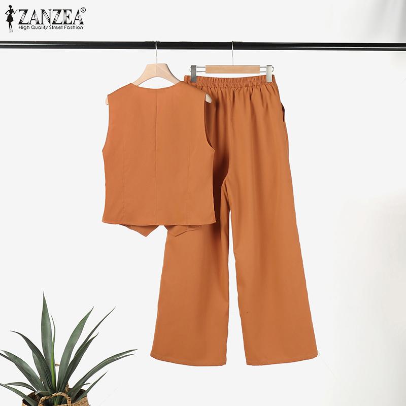ZANZEA Повседневная повседневная одежда, женский жилет без рукавов и брюки, комплект из двух предметов