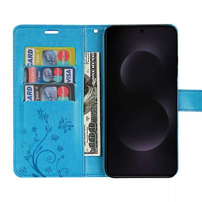 Coque de Protection - BOOLING - pour Samsung Galaxy S25 Edge - Effet Cuir Bleu Motif Papillon - 2 Verres Trempés