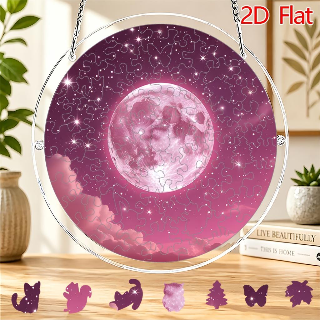 2D Flat, 2D Flat Acrylic Sun Catcher, Pink Moon with Pink Clouds and Starry Sky Theme Sun Catcher, Home and Garden Decoration, Gift for Christmas, Tha