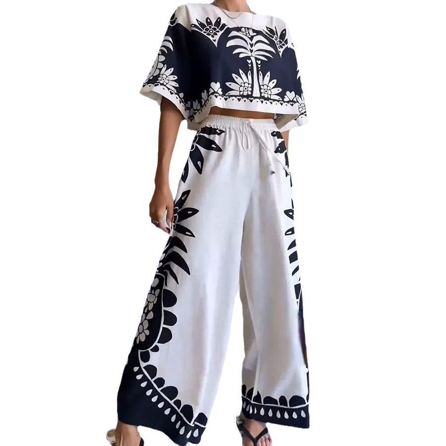 Женская майка и брюки с винтажным принтом, свободная футболка с круглым вырезом и короткими рукавами, брюки, комплект из 2 предметов, шикарная одежда для отдыха с эластичной талией