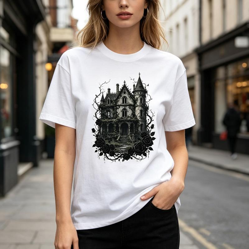 Gothic Haunted Unisexsion Graphic Tee for Unisex Unisex Casual Streetwear Tshirt Cool Dark Aesthetic Haunted Unisexsion with Black Roses