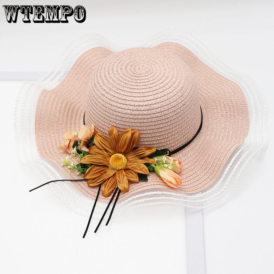 WTEMPO Летняя соломенная шляпа со свежими цветами и волнистыми краями, женская соломенная шляпа с большим карнизом, солнцезащитный козырек, уличная дорожная шляпа от солнца
