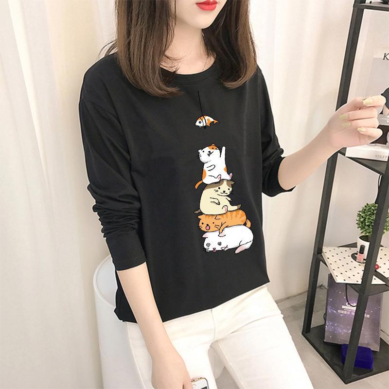 Осень 2023 г. Корейские топы с рисунком - женские футболки с длинными рукавами в однотонных цветах