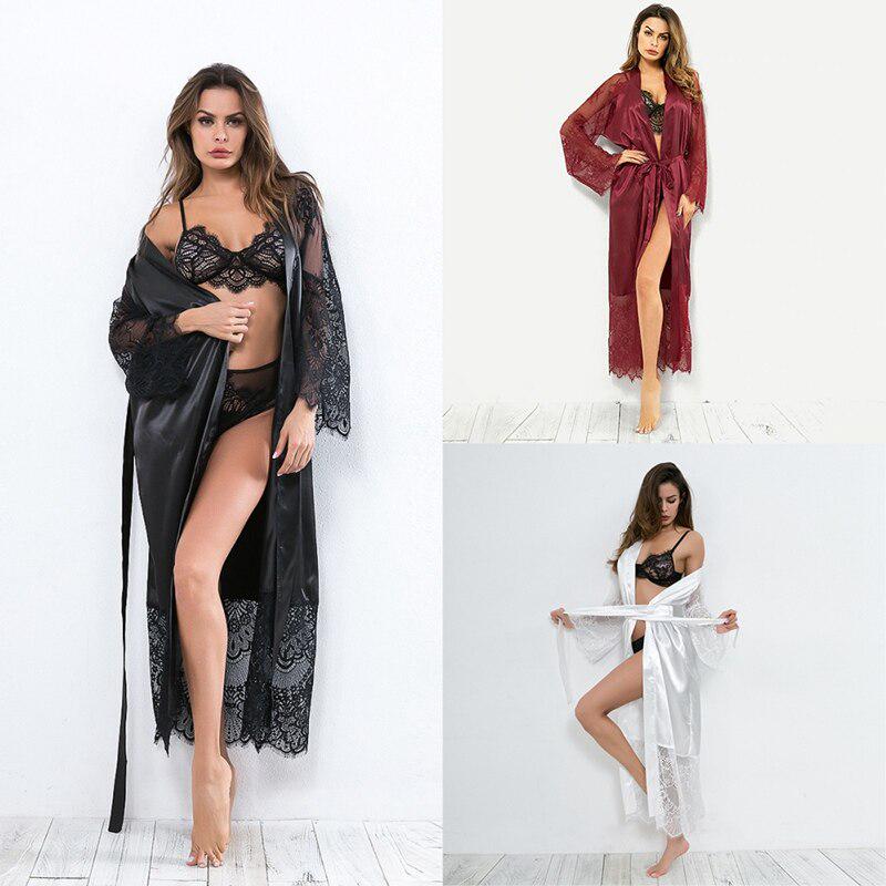 Сексуальный длинный халат из ледяного шелка с кружевной вышивкой и длинным рукавом с длинным рукавом