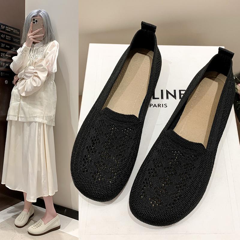 Fashion Summer Breathable Knitted Casual Shoes Women Versatile Flat Hollow Out Soft Bottom Comfortable Non-Slip Middle-Aged Mothe