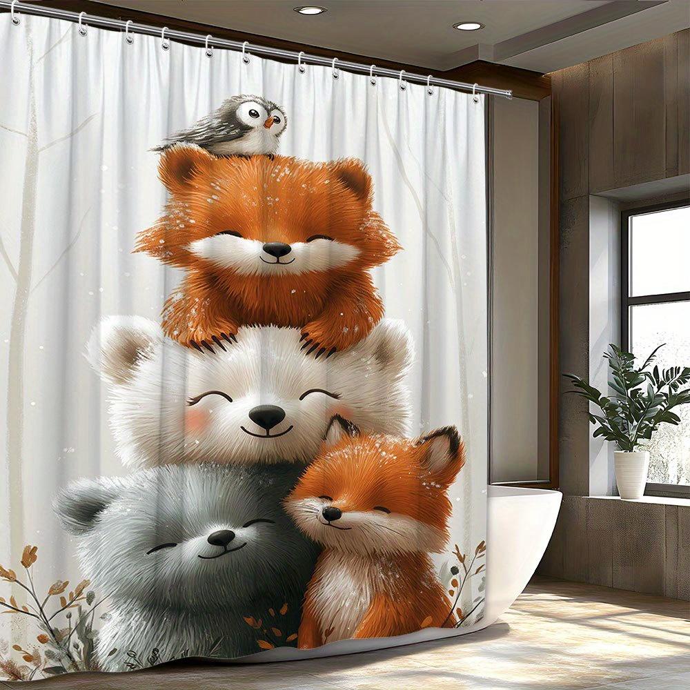 1 шт. Игривый trio Красная Лиса и Медведь, штабелируемые, Шторка для душа - Мягкий лесной фон с падающими снежинками