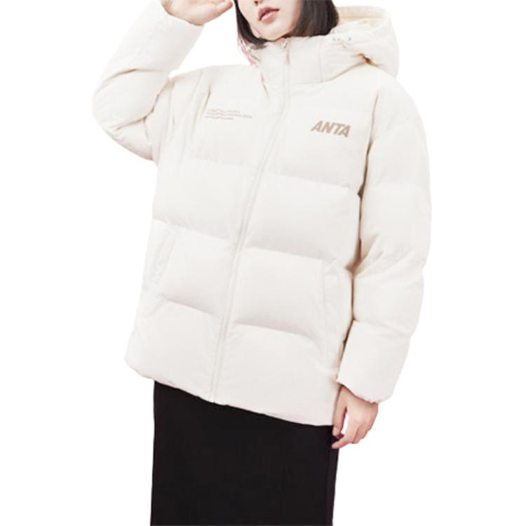 Anta Пуховик Lifestyle Series с принтом в виде букв Snow Shell Three-Proof с капюшоном, женская верхняя одежда, ванильно-белый 962348902-1