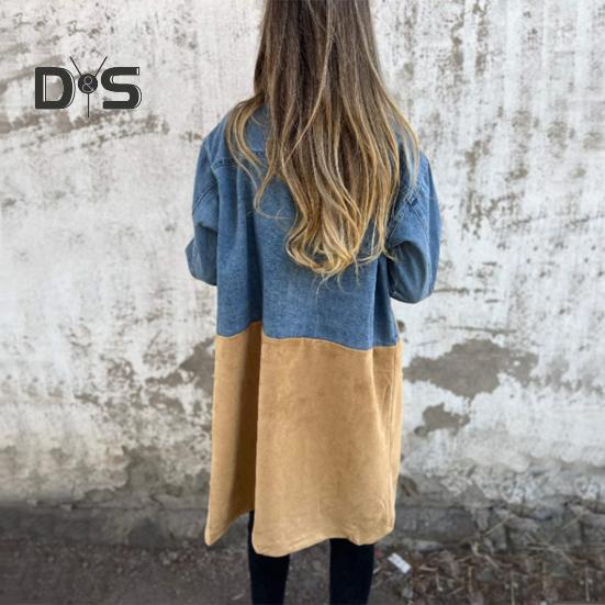 Женское весенне-осеннее пальто, джинсовая куртка, пальто, двубортное в стиле пэчворк с карманами с клапанами, цветное женское пальто средней длины