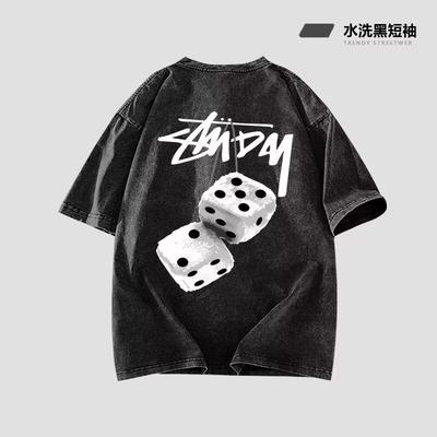 Уличная мода Свободная парная футболка с коротким рукавом Мужская и женская Буквы Тяжеловесная футболка С открытыми плечами Большой размер Пять элементов футболки