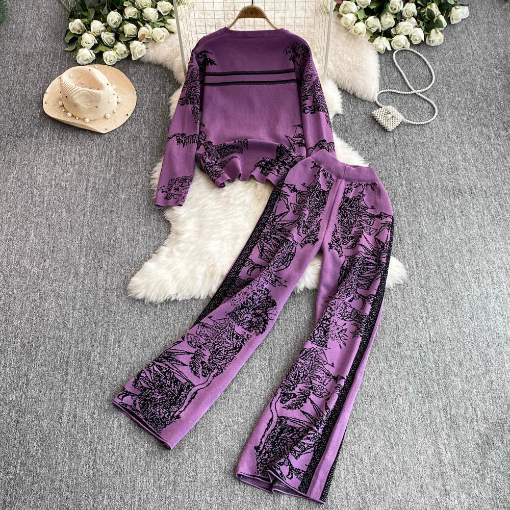 Осенне-зимний элегантный женский комплект одежды для отдыха из 2 предметов, трикотажные брюки, дизайнерский винтажный вязаный свитер с цветочным принтом